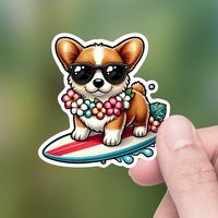 2"-4" Cute Corgi Puppy Chilln' on a surfboard for the Summer Die-Cut Sticker *Great for Water Bottles, Laptops, Journals, Cell phone cases, Binders and more!! * All stickers are Printed on Weatherproof sticker paper and Laminated for a glossy finish and extra protection.  Perfect for spicing up indoor or outdoor decor  *Hand Washing is recommended if Placed on Tumblers or Glass * Choose between 3 sizes to match your needs.  * Note: Make sure to double-check while picking size options. *Sticker W