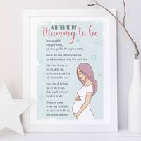 This beautiful 'Letter to my Mummy to be' print is the perfect gift for an expectant mum, from their precious bundle. Every expectant mother will fall in love with this gorgeous print from their unborn child, especially on Mother's Day. And it's a wonderful baby shower gift for the 'Mum to be' too. The beautifully sweet and funny words really will bring a tear to their eye.Please note, this print is UNFRAMED. The frames shown in pictures are for display purposes only. There's an option to choose