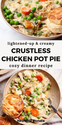 Everybody will love this cozy and comforting chicken pot pie soup! It’s ready in under 30 minutes, packed with protein, and made with rotisserie chicken and sweet potatoes - an easy and healthy one pot dinner recipe with chicken. No pie crust is needed!