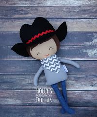 Another Holly's Dollies Creation! Handmade Boy cloth doll, Cowboy! Gray shirt and jeans with a bandana, dark brown, black cowboy hat, medium skin tone.