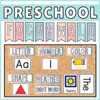 Focus wall perfect for preschool and PreK classrooms! This set focuses on letters, numbers, shapes, colors, months, days of the week, seasons and sight words. Create an engaging bulletin board for little learners with the calming colors in this pack! What is included in this resource:Banner "FOCUS WALL"- Small and Large versionsLetters A-Z ( 1/4th page cards) Numbers 0-20 ( 1/4th page cards)20 Sight Words ( 1/4th page cards)Color Cards: Black, blue, brown, green, orange, grey, pink, purple, red,