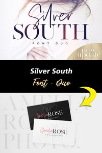 Introducing the Silver South Font Duo, a classy, contemporary pair of script and serif fonts. With a stylish didot-style serif font and a free-flowing, expressive script companion, Silver South offers beautiful typographic harmony for a diversity of design projects, including logos & branding, wedding designs, social media posts, advertisements & product designs. #fonts #fontduo #classyfonts #elegantfonts #ads