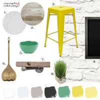 industrial style kitchen mood board, bright yellow metal stools, jade green bowls, reclaimed wood floating shelves, industrial style shelf brackets, wheatgrass decor, brass flower pendant light, weathered taupe wood paneling, carrara marble countertop, chalkboard, paint palette, interior styling ideas, interior design inspiration, get the look, mood board