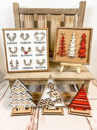 These Christmas signs and trees are a perfect addition to your farmhouse christmas Decor.  They look great on Tiered trays, shelves, hutches and by themselves. These signs are made to order  Set includes everything all signs in the photo Measurements: Reindeer sign 5.5x5.5 (not framed) 6x6 (framed) Trees from 5in tall to 3 in tall tree sign is approx:5x5 ::SHIPPING:: PLEASE SEE SHOP ANNOUNCEMENT FOR CURRENT TURN AROUND TIME. Only full sets come with insurance. If you would like to protect your i