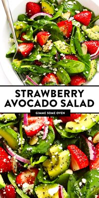 This Strawberry Avocado Spinach Salad recipe is made with juicy strawberries, tender spinach (or your choice of salad greens), red onion, toasted almonds, blue cheese (or feta or goat cheese) and a quick poppyseed dressing. It's easy to make, naturally gluten-free and vegetarian, and so delicious! | gimmesomeoven.com #salad #strawberry #avocado #dressing #vinaigrette #summer #healthy #glutenfree