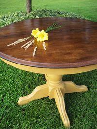 A mustard-yellow dining table redo.