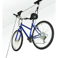 Easily store your bike or ladder overhead and out of the way with the Garage Bike Storage by Leisure Sports. Smooth pulleys and latches on the hanging bike rack for garage make lifting heavy items a snap, while the exclusive rope locking mechanism prevents unwanted release and can suspend up to 100-pounds. The bike hooks for ceiling can be mounted as pictured on a 2X4 and screw the 2X4 to the joist or mount it right to the joist itself, ideal for creating storage in your garage or shed.