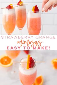 Orange Strawberry Mimosas -- Upgrade your classic mimosa recipe by adding strawberries! Fresh strawberry orange juice paired with champagne makes the BEST cocktail for brunch! So easy to make and a great way to start your mornings. #mimosas #strawberryorange #summermimosas #bridalshower #mimosarecipe | Mindful Avocado