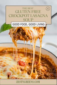 Slow Cooker Gluten-Free Lasagna Soup—cheesy, hearty, and gluten-free, with all the lasagna flavor in a comforting soup! #GlutenFree #SlowCookerMeals #LasagnaSoup  Ingredients: 1 lb. ground beef 1/2 onion diced 1 can petite diced tomatoes 14.5 oz can 1 can crushed tomatoes 28 oz can 1 teaspoon minced garlic 1 tablespoon Italian Seasoning 6 cups beef broth 12 oz Gluten Free lasagna pasta 1/2 cup ricotta cheese 1 cup mozzarella cheese shredded 1 cup parmesan cheese shredded  Enjoy!