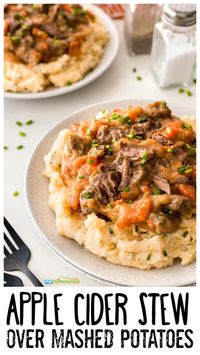 This yummy Fall dinner idea combines a stew with fall favorite apple cider and served over family favorite mashed potatoes for a winning combination! Use apple cider dinner recipes to bring a fun autumn flavor to your meal that is both healthy, nutritious, and delicious! Your family will request this apple cider and sirloin frequently!