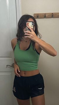  

summer style. summer aesthetic. fitness. health. work out set. fitness style. green work out top. green aritzia tank top. aesthetic gym outfit. summer work out look. nike shorts.

