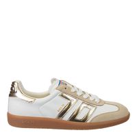 Unleash your inner European flair with trendy kicks that combine soccer vibes and street style. These bold statement sneakers are bringing their A-game to the fashion world, blending retro cool and modern edge with striking beige and gold accents. Add some flair to your streetwear with a unique color blocking design. Materials:- Handcrafted leather and sequined fabric upperLined with soft fabric and suedePadded sockRemovable foam footbedDurable man-made midsoleRubber outsoleQuality braided laces