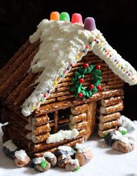 Pretzel log cabin instead of the traditional gingerbread... very simple and cute!