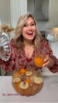 Content Creator: @JenniferValentyne 
•Add Ice to a punch bowl
•8 cups of Apple Cider
•1 cup of orange juice
•2 cups of ginger ale or ginger beer
•1 bottle of Prosecco (sparkling wine)
•1 cup to 1 1/2 cups of vodka
•2 star anise
•2 cinnamon sticks
•1 apple sliced (I used a honey crisp)
•orange slices or floral orange ice cubes
Rim your glass in maple syrup, brown sugar and cinnamon 🍂
