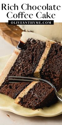 Chocolate coffee cake is a moist espresso chocolate cake infused with a sweet simple coffee syrup, layered with a creamy coffee buttercream. Drizzle the top of this layered coffee cake with extra coffee syrup for even more coffee flavor.