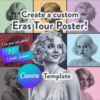 ❤  Create your own custom poster! ❤  This Canva design is a great way to celebrate your eras.   - Bride Era - Bachelorette Era - Graduation Era.  - Birthday parties, Bat Mitzvahs - Sweet Sixteen - Graduation Parties - Quinceañera Parties Use it to make a unique card, t-shirt, or event invite template. With the freedom to add your own photos, this beginner-friendly Canva poster is easy to use. Surprise your favourite fan with this fun and easy to customise tour poster template! Perfect for all ag