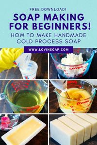 Want to learn how to make soap from scratch? Check out this FREE 26-page Handmade Basic Cold Process Soap Making Guide for beginner soapers! This PDF takes you through equipment & tools, base oils & butters, Sodium Hydroxide (Lye) Safety, essential oils & fragrance oils, coloring your soap, the basic process of cold process soap making, recipes, + cutting, curing & storing your soap! Click through the pin to Lovin' Soap! We LOVE helping with your soap making journey! Happy Soaping!