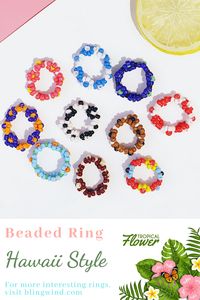 This tropical flower style ring is made from multiple color beads. You can get Hawaii style for your dress code with beaded ring. One size fit all by the elastic string in the ring. #beadedring #beads #ring #hawaii #boho #tropical #fashion #jewelry