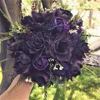 "Thanks so much for visiting my Etsy Shop! This Boutonniere is made with a Two toned Purple Dahlia, Black filler flowers and Faux greenery. Each includes a boutonniere pin Custom colors are available to match your Bridal Bouquet, Please contact seller. Size: Approximately 3.5\"H x 2 3/4\"W *Matches our \"Elvira Bouquet\" *Matching Corsage also available *Processing time: 1-3 business days *Shipping is FREE at the time of purchase of 2 or more Bridal/Bridesmaid Bouquets. *Shipping Rates apply on