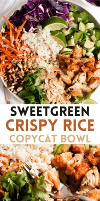 This copycat Sweetgreen Crispy Rice Bowl is a healthy and delicious lunch, dinner, or meal prep recipe! Made with white rice, homemade crispy rice, blackened chicken, and tons of fresh, colorful veggies … this loaded bowl is full of different textures and wonderful flavor. Protein-packed and nutrient rich, you will love this easy-to-make, affordable version of the Sweetgreen classic!