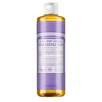 Dr. Bronner's Pure-Castile Lavender Liquid Soap! Scented with pure lavender and lavandin oils to calm the mind and soothe the body! Dr. Bronner's Pure-Castile Liquid Soaps are concentrated, readily biodegradable, versatile and effective. With 18-in-1 uses, these soaps are perfect for your face, body, and hair, but can also be used for rinsing food, cleaning dishes, mopping, and doing laundry. No synthetic preservatives, detergents, or foaming agents – none! Never tested on animals and completely