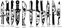 This listing is for Horror movie villains in knives DECAL only.  You choose the decal, size and color that you want. *Your decal will be covered in clear or gridded application tape for easy placement.  **Before placement  clean surface area, dry well. Place decal where you want it then using a scraper, credit card or something similar rub in a circular motion over all areas of the decal. Slowly remove application tape. For glassware, cups, bowls, tumblers- HAND WASH ONLY **This is a permanent v