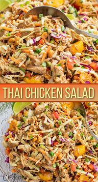 This Thai Chicken Salad is easy to make with homemade peanut dressing, crispy cabbage, shredded chicken, crunchy peanuts, and more! It's a healthy dinner recipe that also makes a perfect side dish for a potluck or BBQ!