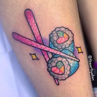 ✩Kassidy Autumn✩ on Instagram: “Sushi roll design today 💜💜 #sushi#sushitattoo#sushiroll#sushirolltattoo#tattoo#girltattoo#colortattoo#legtattoo”