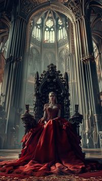 photograph of a queen sit on a royal throne, background with dark gothic architecture style, front view, center composition, horizontal line high quality, realism