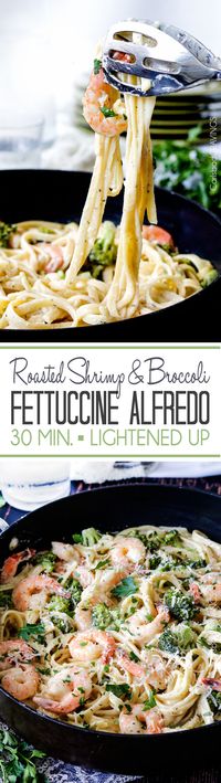 LIGHTENED up 30 Minute Roasted Shrimp and Broccoli in a velvety, creamy Garlic Parmesan Mozzarella Alfredo Sauce without the guilt and a fraction of the price of a restaurant. #alfredo #shrimp #fettuccine #broccoli #fettuccinealfredo