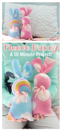 This fleece bunny comes together in 10 minutes. Such an easy craft for kids to help make! Fill with stuffing for a cozy little stuffed animal.