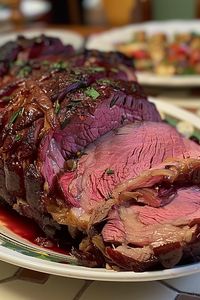 Succulent slices of Poor Man's Prime Rib on a serving platter