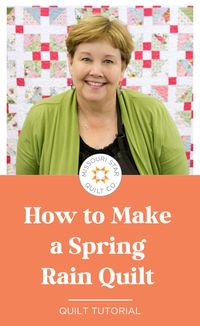 Save this Free Easy Simple Spring Rain Quilt Tutorial for Beginners! Jenny Doan demonstrates how to make Spring Rain, a sort of faux churn dash quilting pattern. This "faux churn dash" design requires 10 inch squares of precut fabric / layer cakes. (We used Charlotte by Deborah Edwards for Northcott.) Learn the quick and easy way to make half square triangles, sash quilt blocks, sew with strip sets, & add cornerstones to your sashing. Follow Missouri Star Quilt Co. for more Quilting Tutorials!