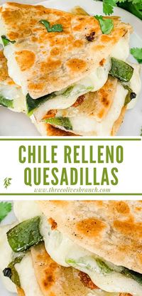 Chile Relleno Quesadilla is inspired by the popular Mexican recipe! A fast and easy snack, appetizer, or dinner idea made with mild roasted poblano peppers and cheese.