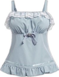 Plus Size Summer Casual Colorblock Lace Trim Bowknot Decorated Camisole, School Blue Casual   Fabric Colorblock,Plain Cami,Wide Strap Non-Stretch  Women Plus Clothing, size features are:Bust: ,Length: ,Sleeve Length: