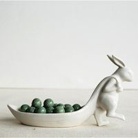 White Stoneware Rabbit Pulling Leaf Dish