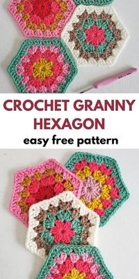 Learn how to make a crochet granny hexagon with this free tutorial! This easy free pattern using the granny stitch is perfect for all skill levels. The granny hexagon can be used to make so many projects, from coasters to blankets. The crochet hexagon pattern includes step-by-step pictures. SAVE pin for later!