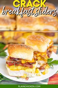 Crack Breakfast Sliders - sweet Hawaiian rolls stuffed with cheddar, bacon, and scrambled eggs and topped with savory ranch butter.