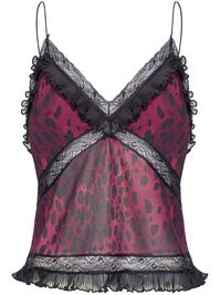 bordeaux/black animal print semi-sheer construction panelled design contrasting laces ruffled detailing V-neck spaghetti straps