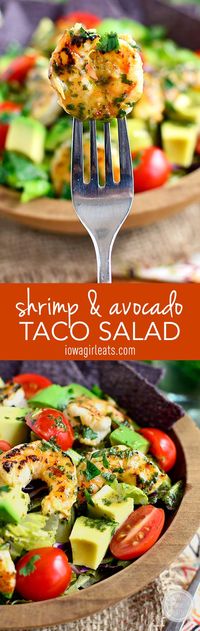 Shrimp and Avocado Taco Salad is light and refreshing with a shrimp marinade that doubles as the salad dressing! #glutenfree | iowagirleats.com