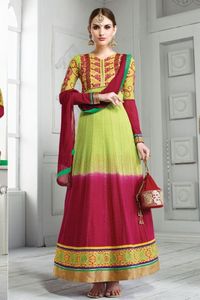 Green Pink Georgette Churidar Suit and Chiffon Dupatta - DMV13006