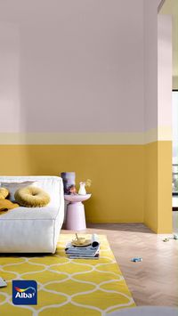 Creá ambientes acogedores y coloridos con los tonos suaves del amarillo y el morado de la paleta de la Energía Positiva y el color del año 2024 de Alba. Guarda este pin y visita nuestra web para más inspiración decorativa.