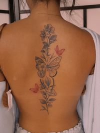 Floral, Butterflies, red and black, fine line