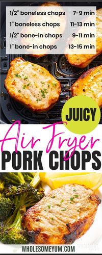 An EASY, bone-in or boneless air fryer pork chops recipe, ready in 20 minutes! Learn how to cook pork chops in the air fryer so they stay juicy. #wholesomeyum