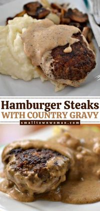 Learn how to make Hamburger Steak! Smothered in a 6-ingredient homemade country gravy, it is a hearty dinner the whole family will love. Save this ground beef recipe for a simple comfort food in one skillet!