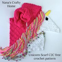 The Unicorn Scarf is a free C2C crochet pattern.  Fun and whimsical with graphs and instructions for toddler through adult/teen sizes.  A fun and easy pattern perfect to learn the C2C technique!