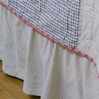 Add our Ticking Stripe Seersucker Bed Skirt to a solid color bedding set or add it to our matching ticking stripe quilt for a cohesive look. For more bed skirts and bedding | Antique Farmhouse Ticking Stripe Seersucker Bed Skirt | Size: Queen