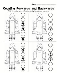 This kindergarten math packet includes 8 space themed worksheets to teach and reinforce counting and number concepts.  Worksheet 1: Counting Forwards and Backwards Objective: Count forward from 0 to 5 and backwards from 5 to 0. Directions: Students fill in the missing numbers and practice counting forwards and backwards.  Worksheet 2: Equal Dots Objective: Identify and create equal groups of up to five objects. Directions: With a partner students take turns rolling the dot cubes (dice) until the same number of dots appears on both cubes. Students then draw each equal dot match that they make. The first player to make five matches wins.  Worksheet 3: Number Groups 01 Objective: Identify and create groups of up to five objects; identify a number for a group of up to five objects; distinguish