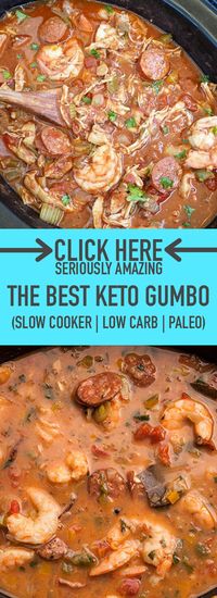 ★★★★★ 81 reviews: The Best Keto Gumbo (Slow Cooker, Low Carb, & Paleo) | This Slow Cooker Keto Gumbo is not only fast and easy to make, it's delicious! Simply throw all the ingredients - minus the shrimp - in a slow cooker, then add the shrimp and cauliflower rice 20 minutes before serving. #keto #ketogumbo #slowcooker #lowcarb #paleo | seriouslyamazing.co