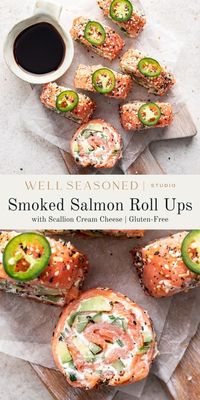 My Smoked Salmon & Cream Cheese Roll-Ups are an easy, healthy lunch that tastes like your favorite bagel topping, but looks like a sliced sushi roll. Thin slices of smoked salmon are coated with everything bagel seasoning, then topped with a homemade scallion cream cheese. Add sliced avocado and cucumber, then roll tightly and cut into bite-size pieces. I add jalapeños and serve with soy sauce for extra flavor! Gluten-free. #wellseasonedstudio #smokedsalmon #creamcheese #lox #salmonrollups